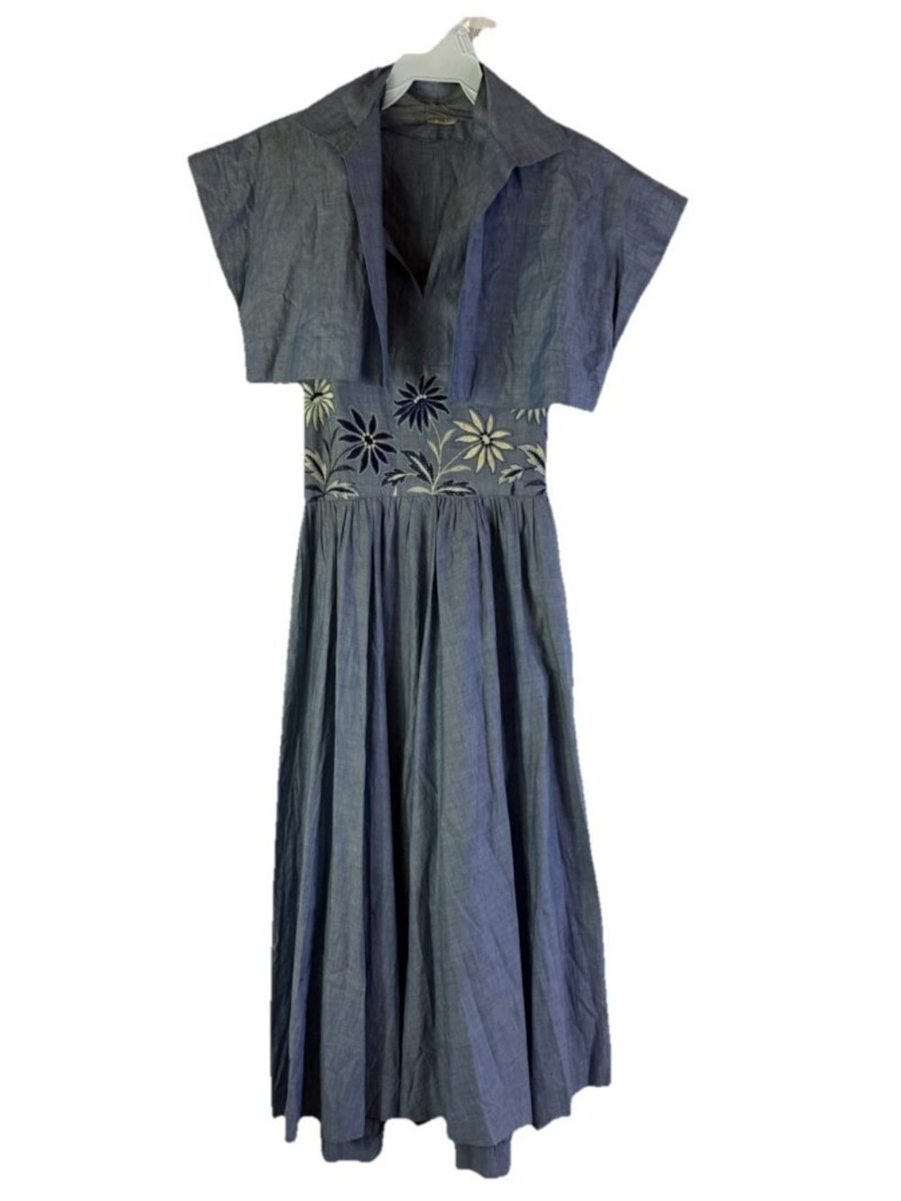 Vintage 50s Pin Up Rockabilly Chambray Floral Embroidered Halter Dress - Picture 9 of 11